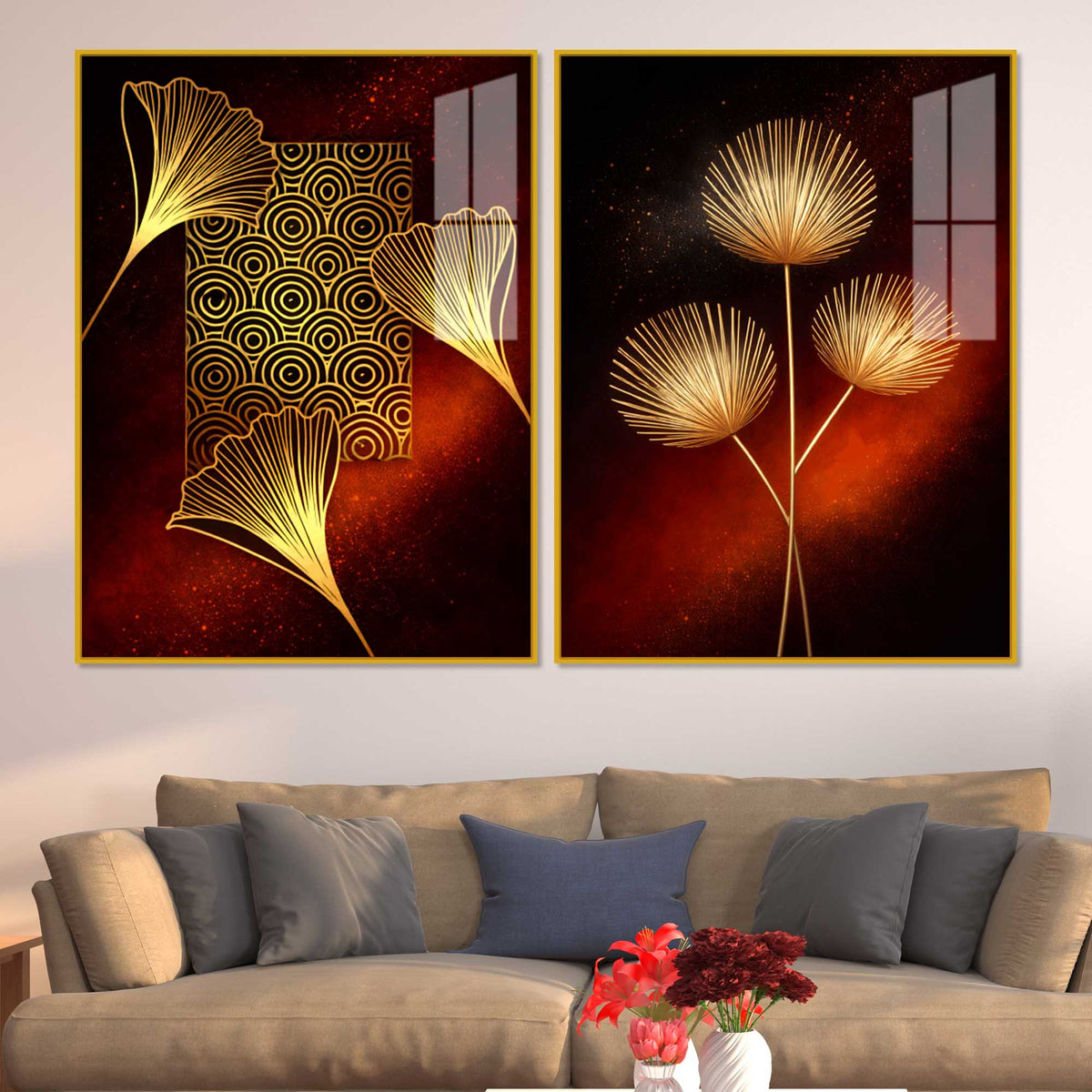 Golden Leaf Symphony Modern Acrylic Floating Wall Painting Set of 2