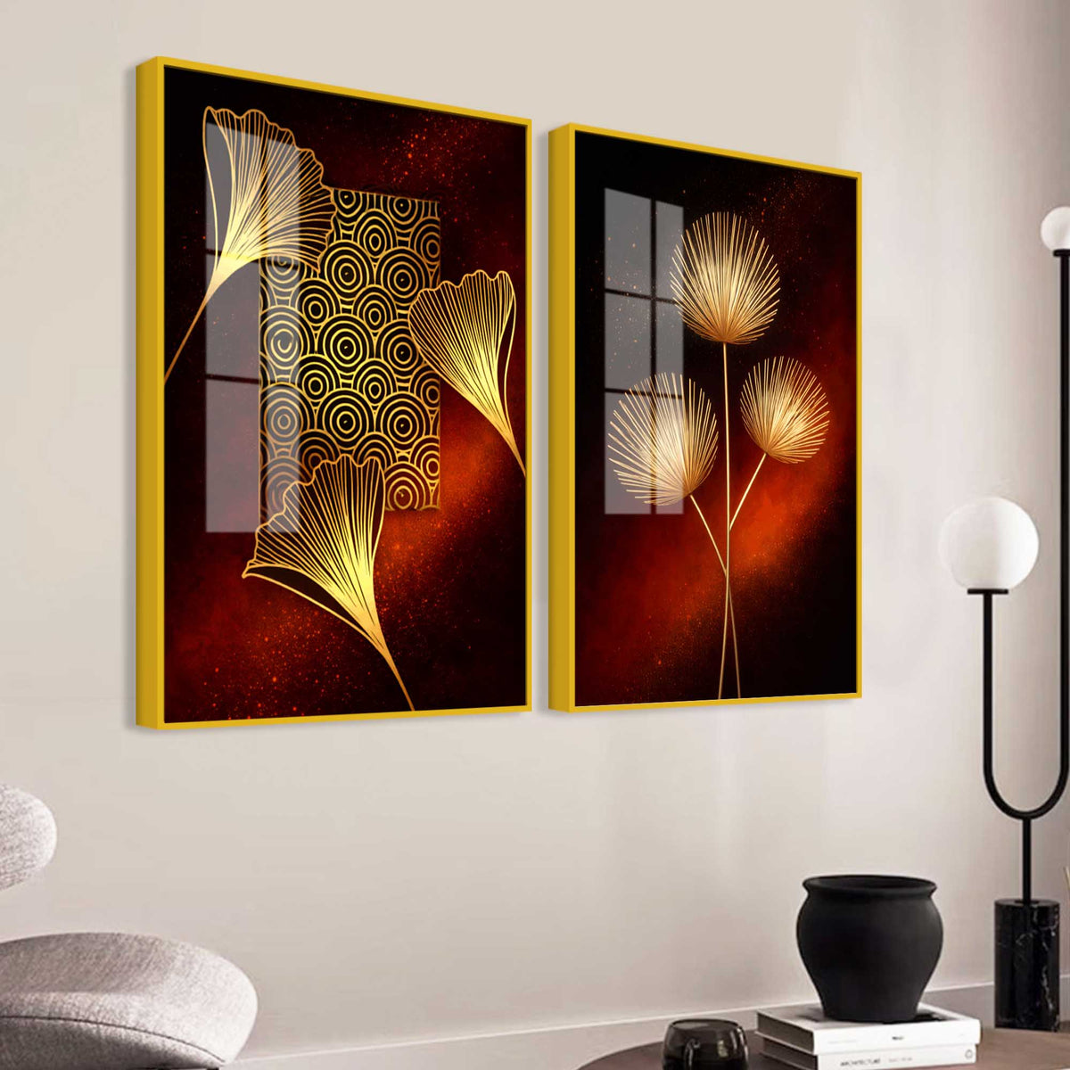 Golden Leaf Symphony Modern Acrylic Floating Wall Painting Set of 2
