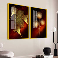 Golden Leaf Symphony Modern Acrylic Floating Wall Painting Set of 2