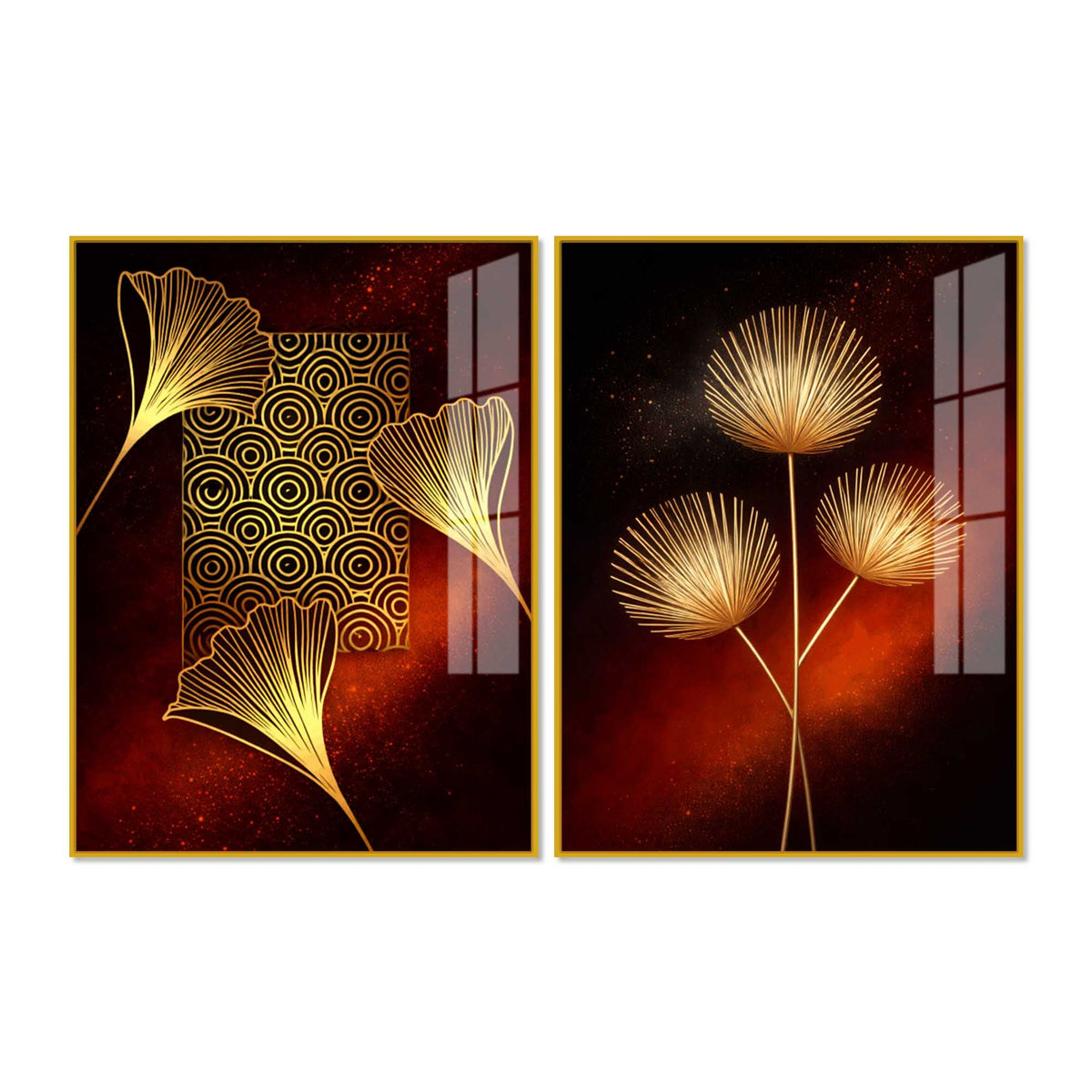 Golden Leaf Symphony Modern Acrylic Floating Wall Painting Set of 2