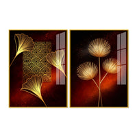 Golden Leaf Symphony Modern Acrylic Floating Wall Painting Set of 2