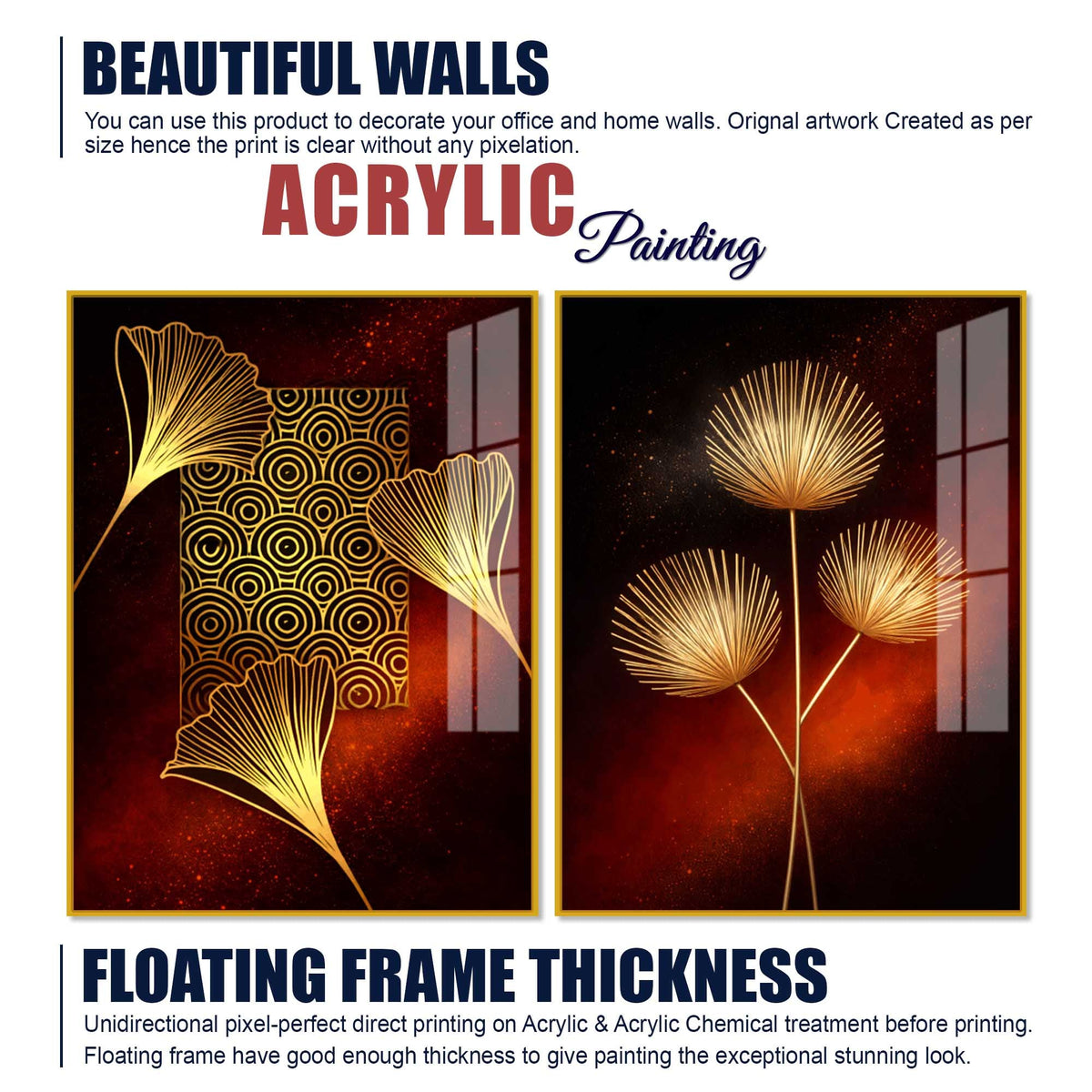 Golden Leaf Symphony Modern Acrylic Floating Wall Painting Set of 2
