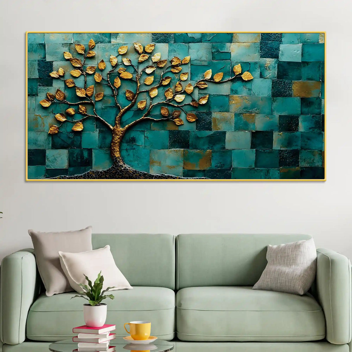 Golden Leaf Tree Abstract Canvas Painting for Living Room Décor