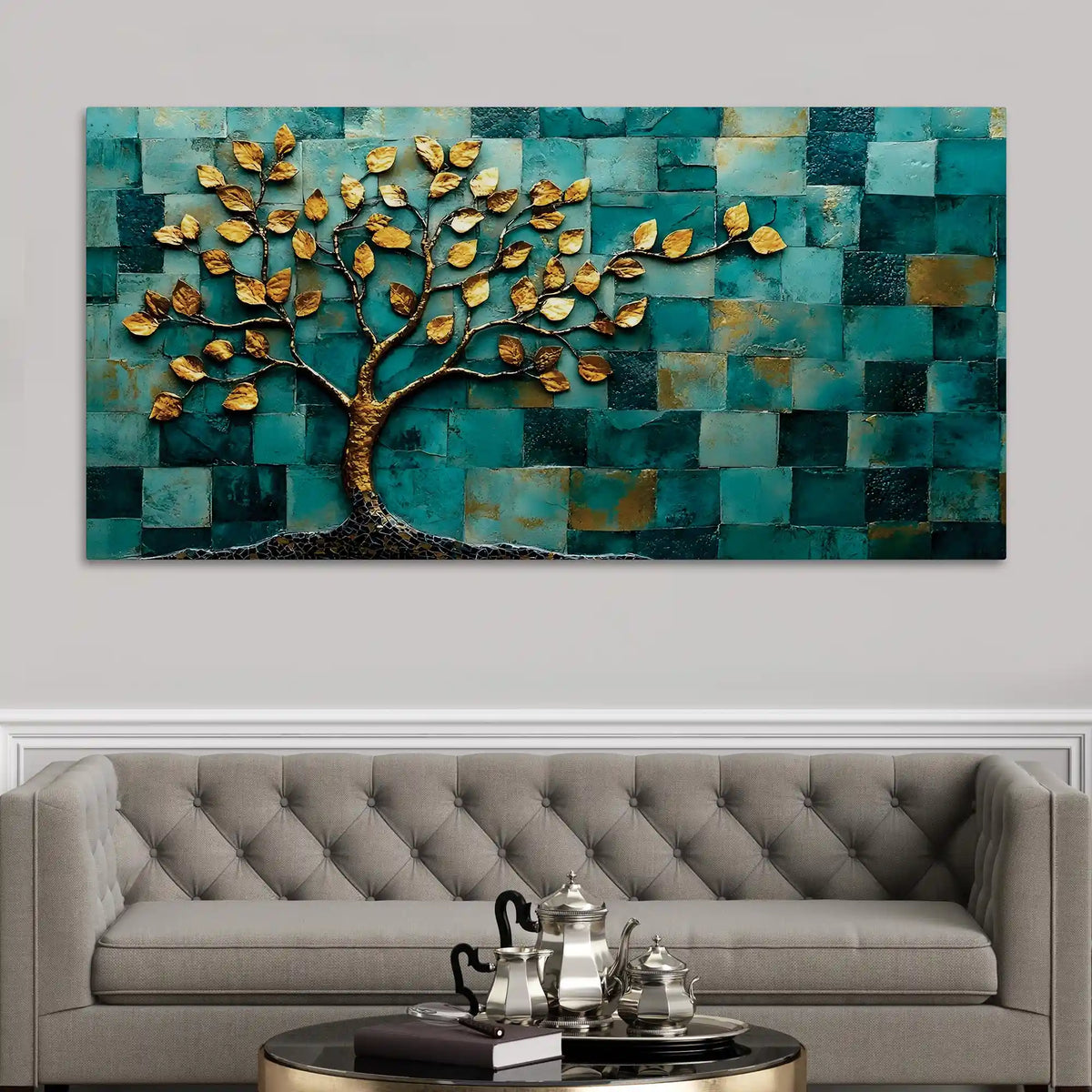 Golden Leaf Tree Abstract Canvas Painting for Living Room Décor