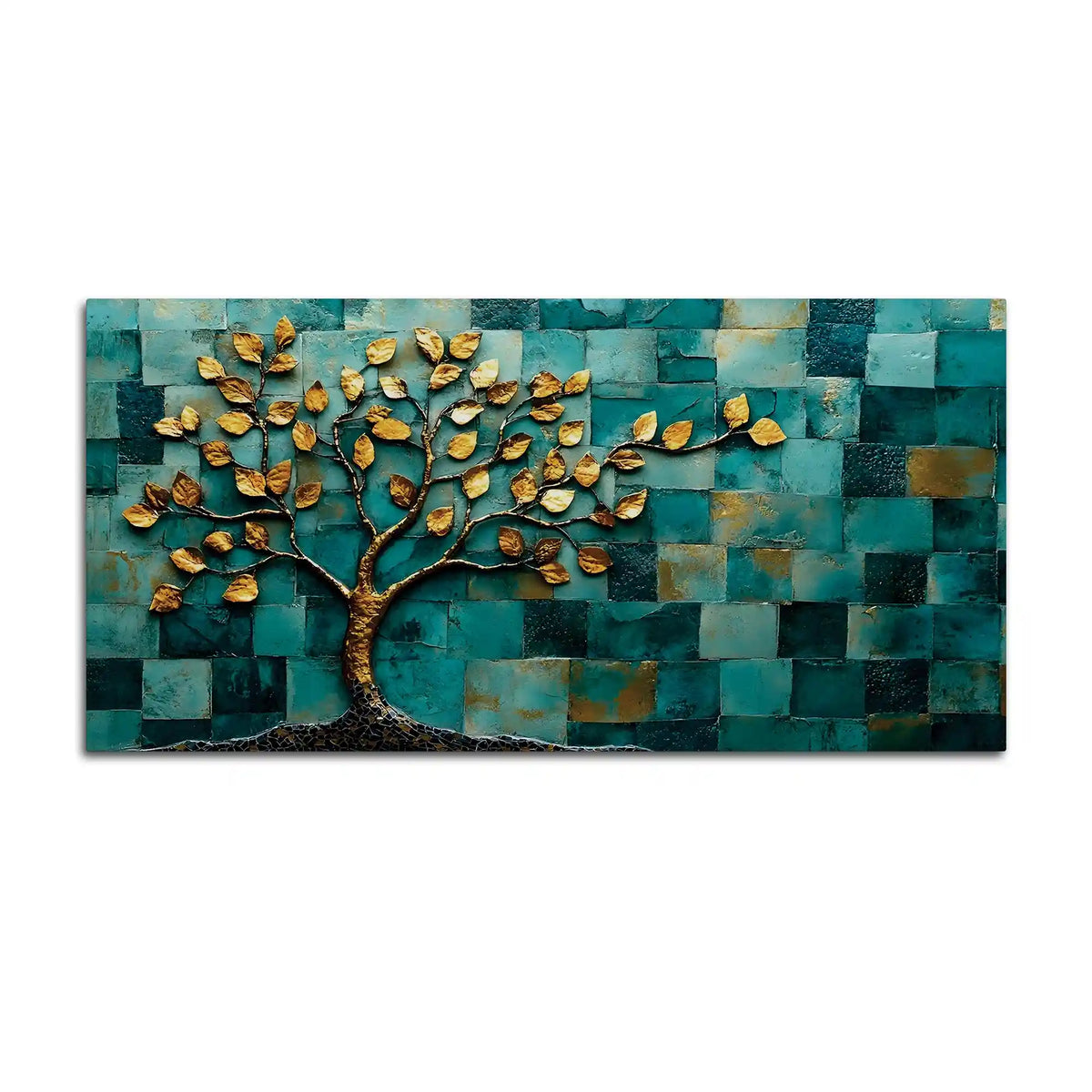 Golden Leaf Tree Abstract Canvas Painting for Living Room Décor