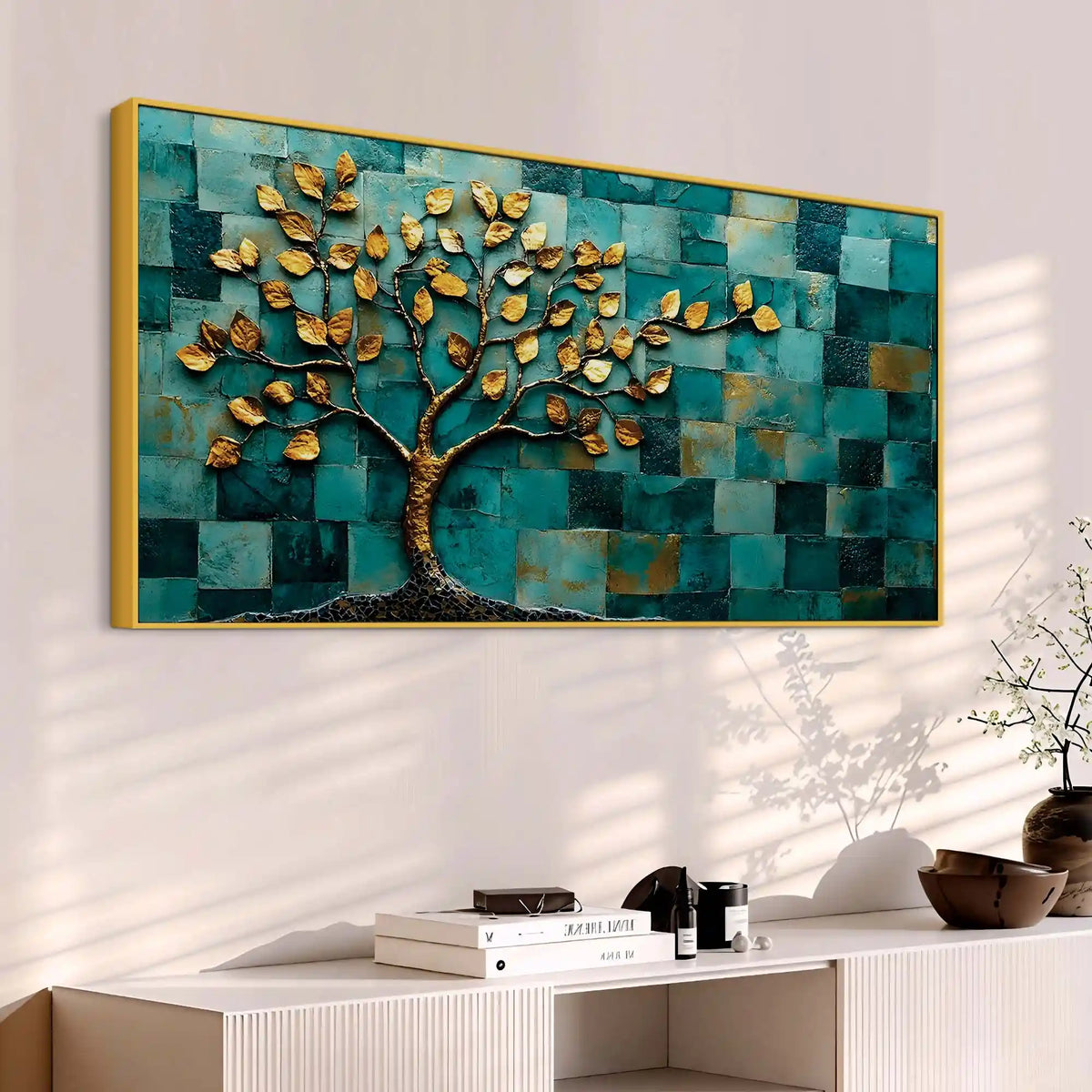Golden Leaf Tree Abstract Canvas Painting for Living Room Décor