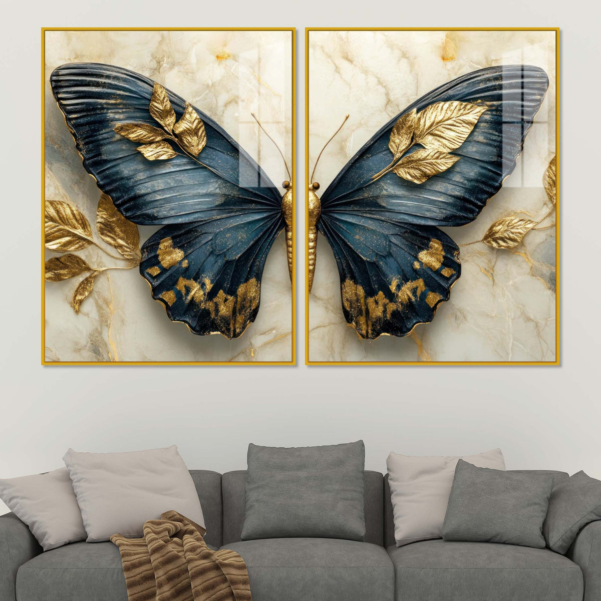 Golden Leaves & Aesthetic Butterfly Acrylic Floating Wall Painting Set of 2