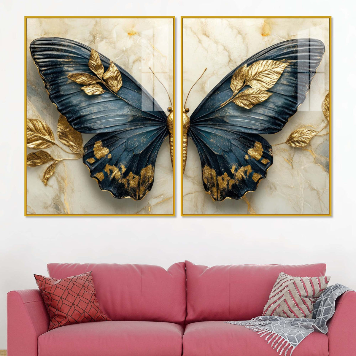 Golden Leaves & Aesthetic Butterfly Acrylic Floating Wall Painting Set of 2