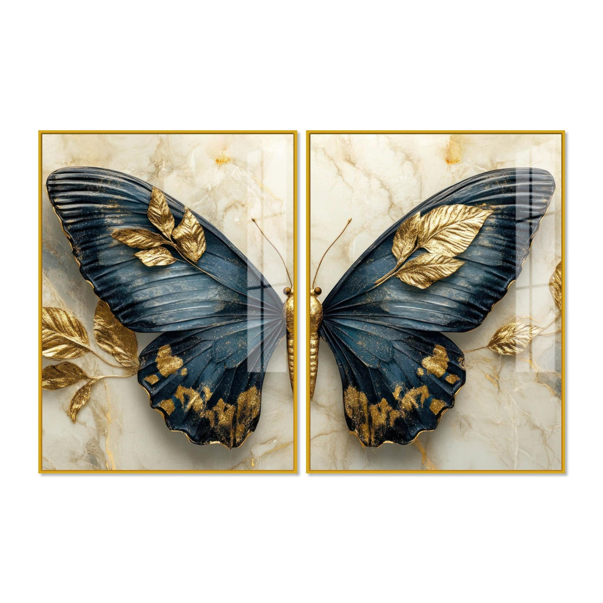 Golden Leaves & Aesthetic Butterfly Acrylic Floating Wall Painting Set of 2