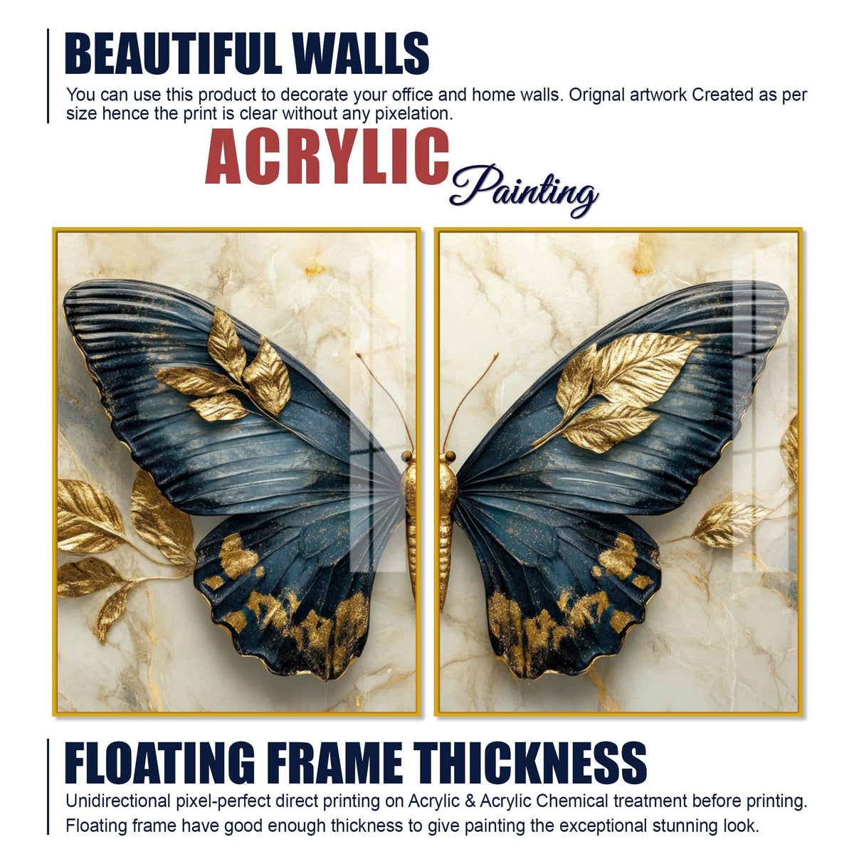 Golden Leaves & Aesthetic Butterfly Acrylic Floating Wall Painting Set of 2