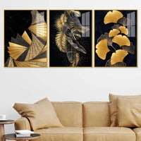 Golden Leaves of Luxury Acrylic Floating Frame Wall Painting Set of 3