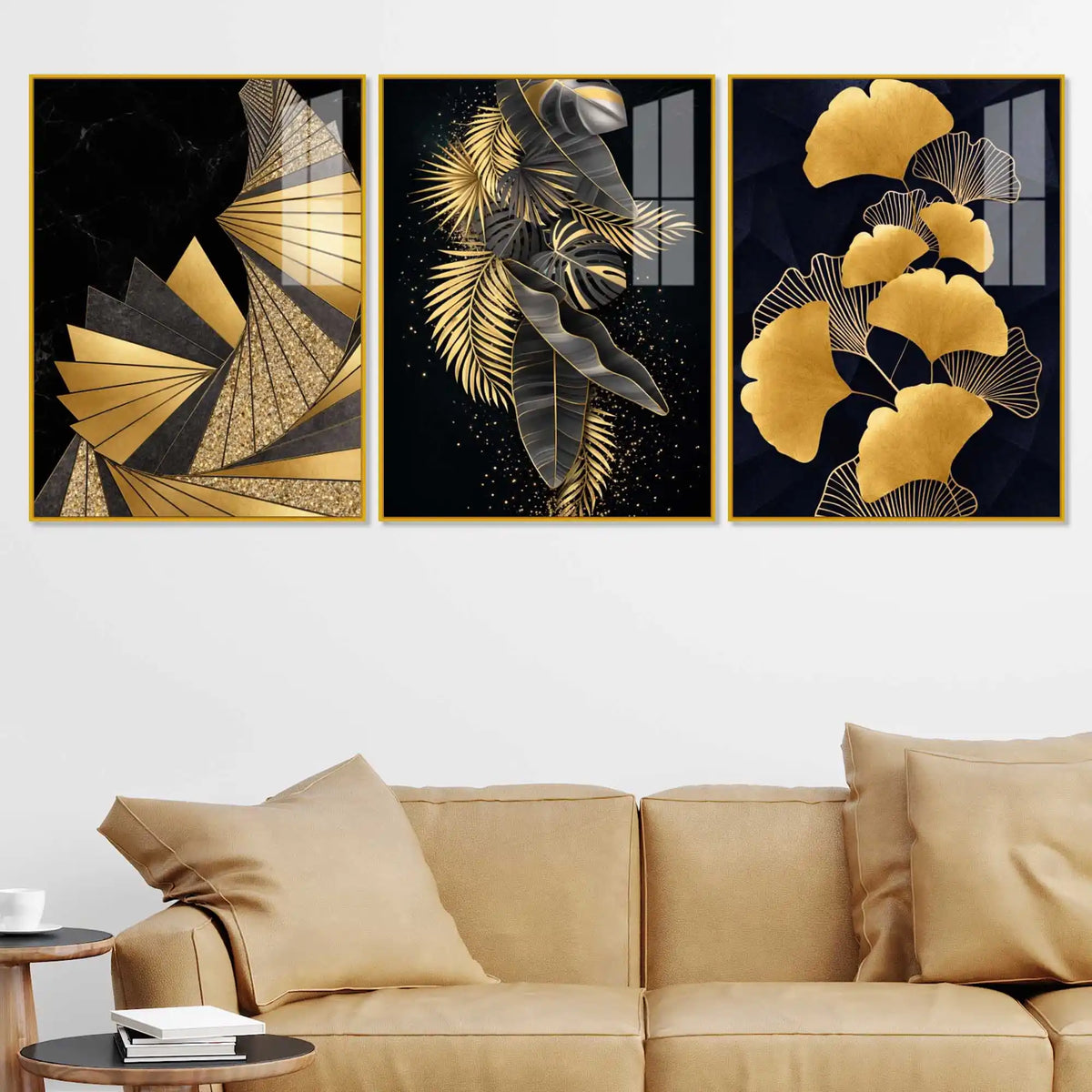 Golden Leaves of Luxury Acrylic Floating Frame Wall Painting Set of 3