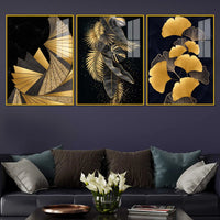 Golden Leaves of Luxury Acrylic Floating Frame Wall Painting Set of 3