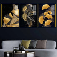 Golden Leaves of Luxury Acrylic Floating Frame Wall Painting Set of 3