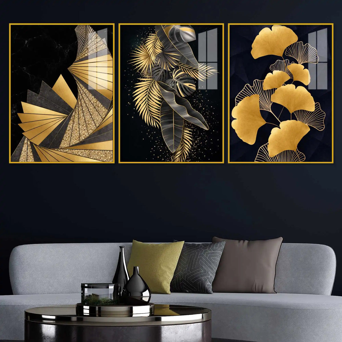 Golden Leaves of Luxury Acrylic Floating Frame Wall Painting Set of 3