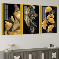 Golden Leaves of Luxury Acrylic Floating Frame Wall Painting Set of 3
