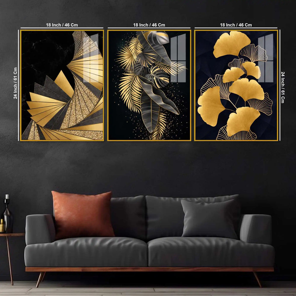 Golden Leaves of Luxury Acrylic Floating Frame Wall Painting Set of 3