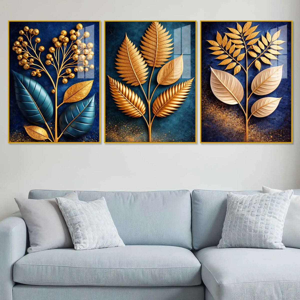 Golden Leaves of Serenity Acrylic Floating Frame Wall Painting Set of 3
