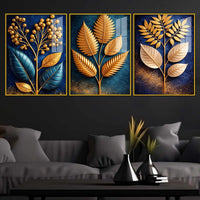 Golden Leaves of Serenity Acrylic Floating Frame Wall Painting Set of 3