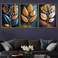 Golden Leaves of Serenity Acrylic Floating Frame Wall Painting Set of 3