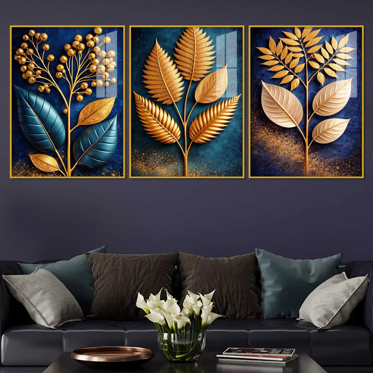 Golden Leaves of Serenity Acrylic Floating Frame Wall Painting Set of 3