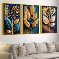 Golden Leaves of Serenity Acrylic Floating Frame Wall Painting Set of 3