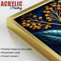 Golden Leaves of Serenity Acrylic Floating Frame Wall Painting Set of 3