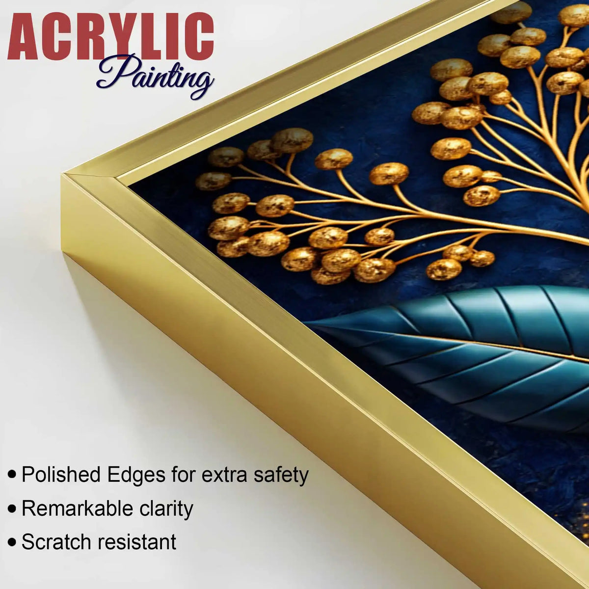 Golden Leaves of Serenity Acrylic Floating Frame Wall Painting Set of 3