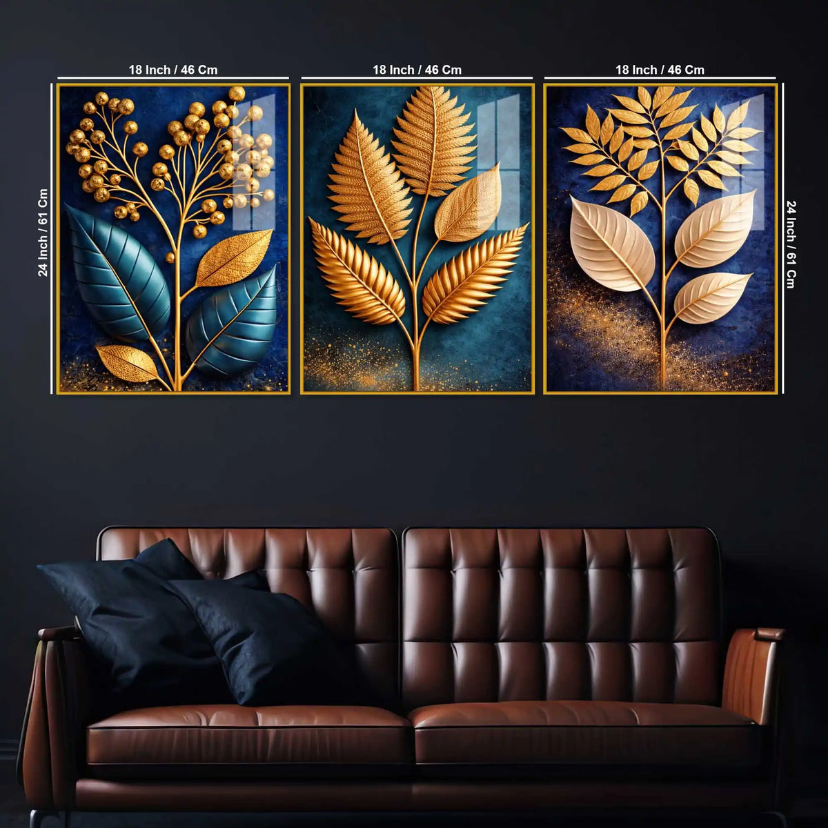 Golden Leaves of Serenity Acrylic Floating Frame Wall Painting Set of 3