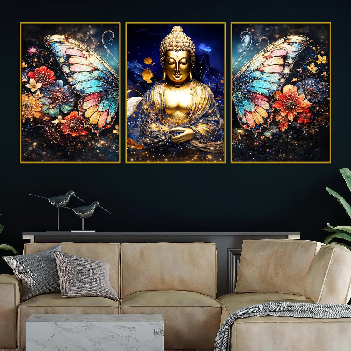Golden Lord Buddha and Floral Butterfly Wings Floating Frame Crystal Wall Painting Set of 3
