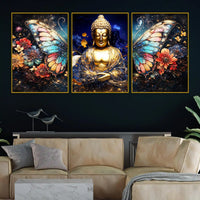 Golden Lord Buddha and Floral Butterfly Wings Floating Frame Crystal Wall Painting Set of 3