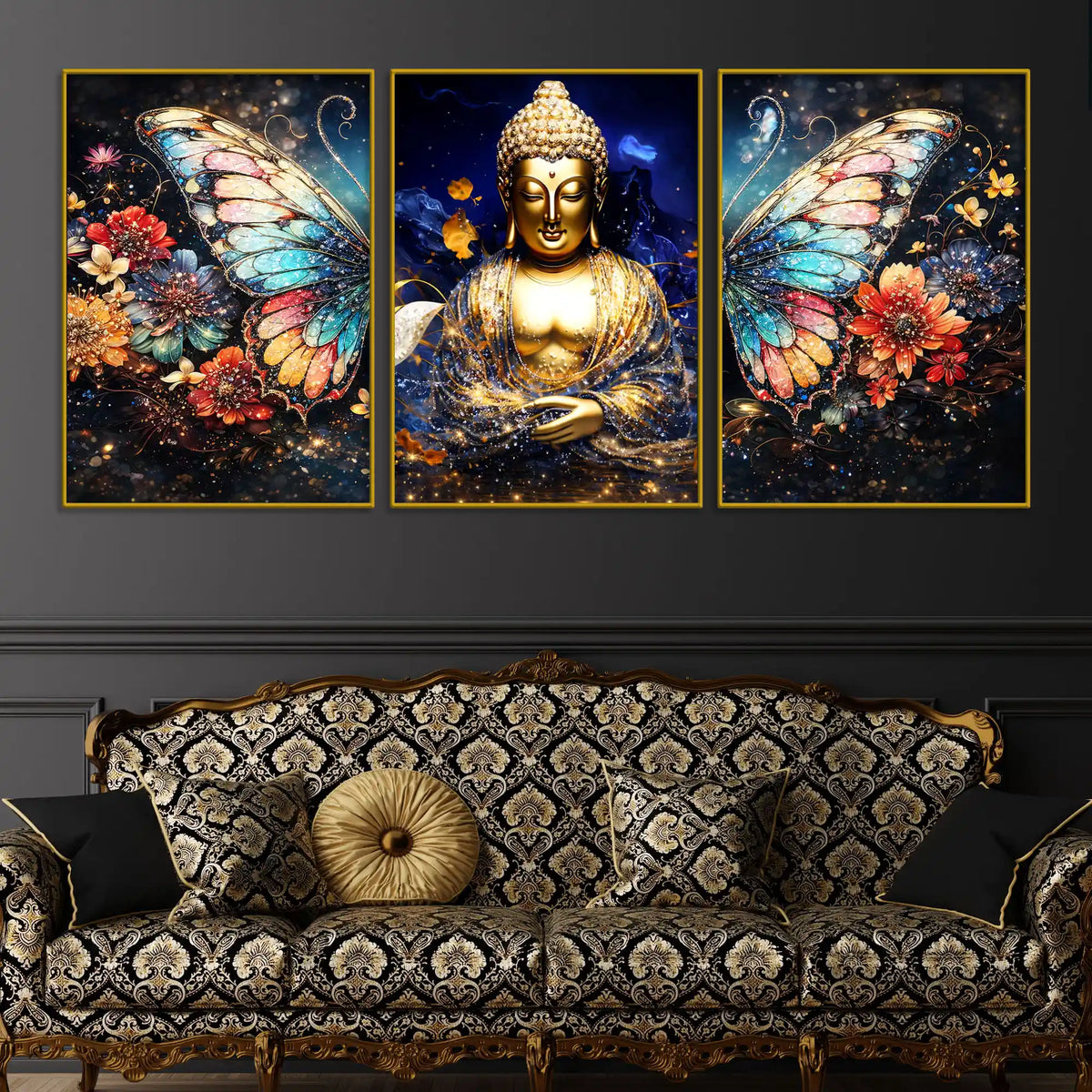 Golden Lord Buddha and Floral Butterfly Wings Floating Frame Crystal Wall Painting Set of 3