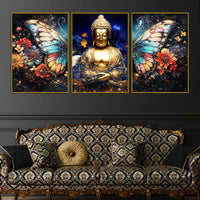 Golden Lord Buddha and Floral Butterfly Wings Floating Frame Crystal Wall Painting Set of 3