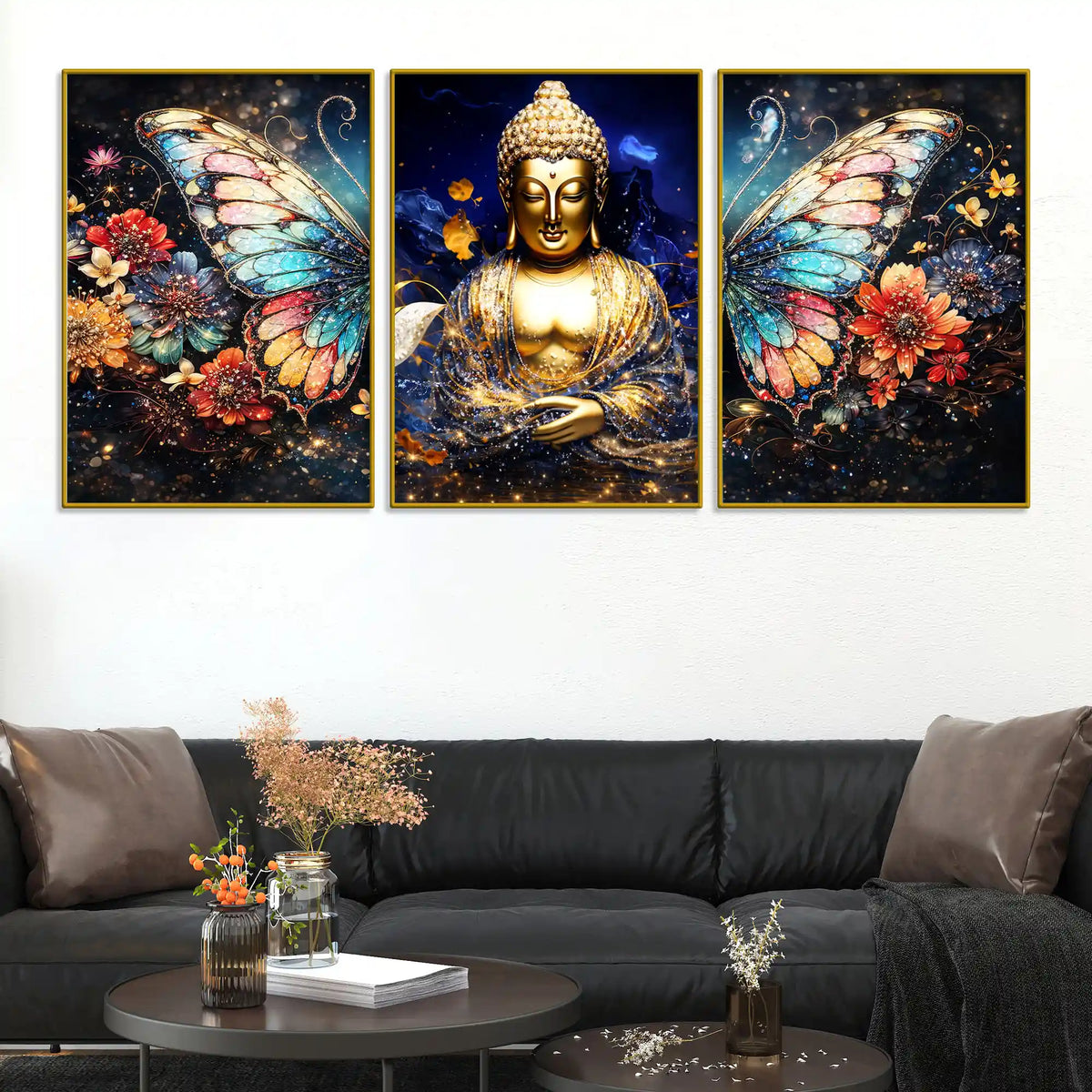 Golden Lord Buddha and Floral Butterfly Wings Floating Frame Crystal Wall Painting Set of 3