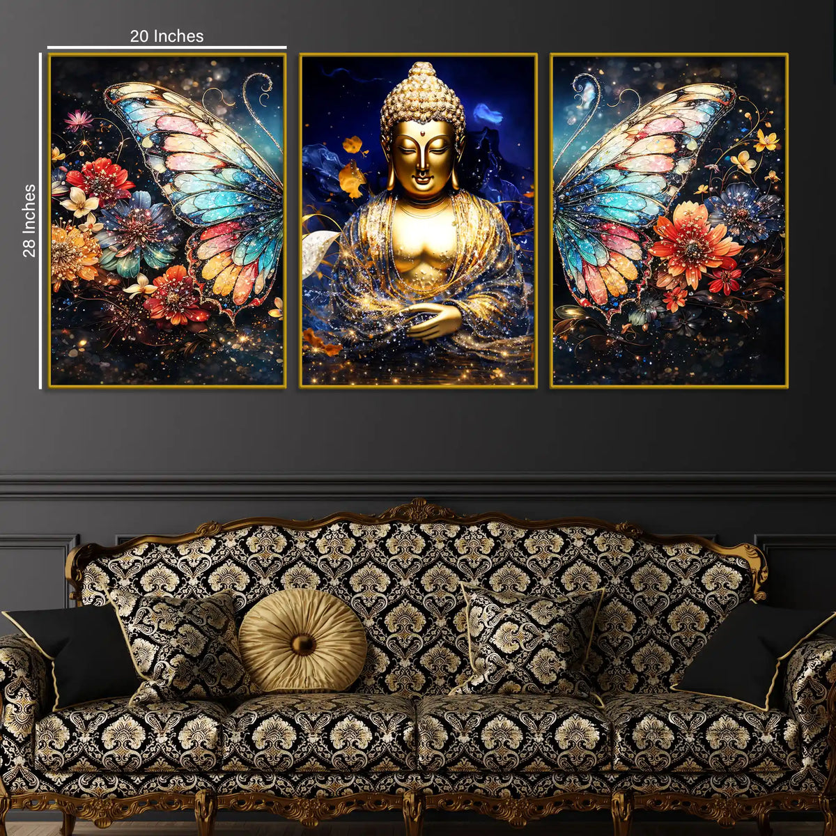 Golden Lord Buddha and Floral Butterfly Wings Floating Frame Crystal Wall Painting Set of 3