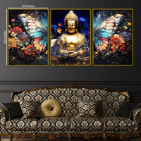 Golden Lord Buddha and Floral Butterfly Wings Floating Frame Crystal Wall Painting Set of 3