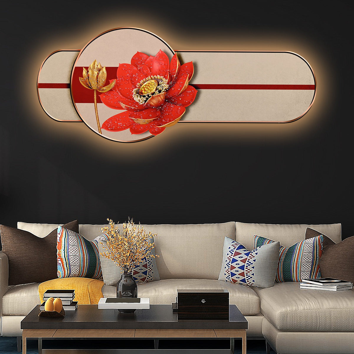 Golden Lotus Elegance Crystal Glass Backlit LED Wall Art