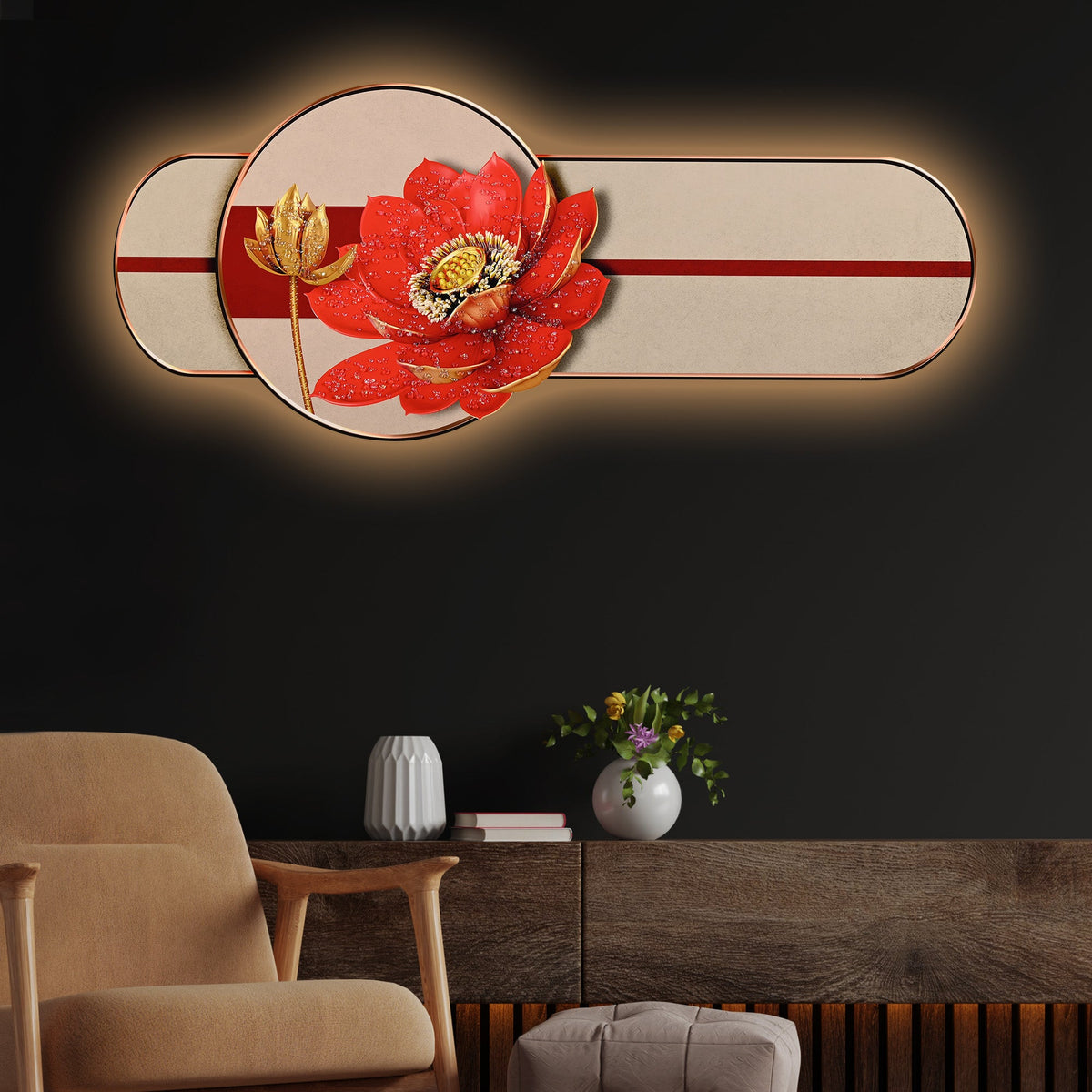 Golden Lotus Elegance Crystal Glass Backlit LED Wall Art