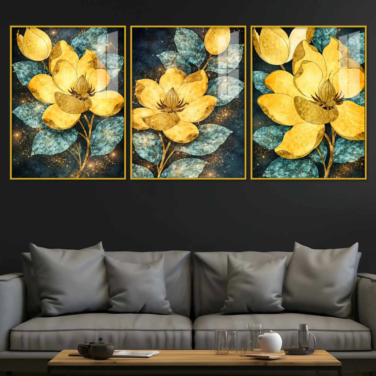 Golden Magnolia Floral Art Acrylic Floating Frame Wall Painting Set of 3