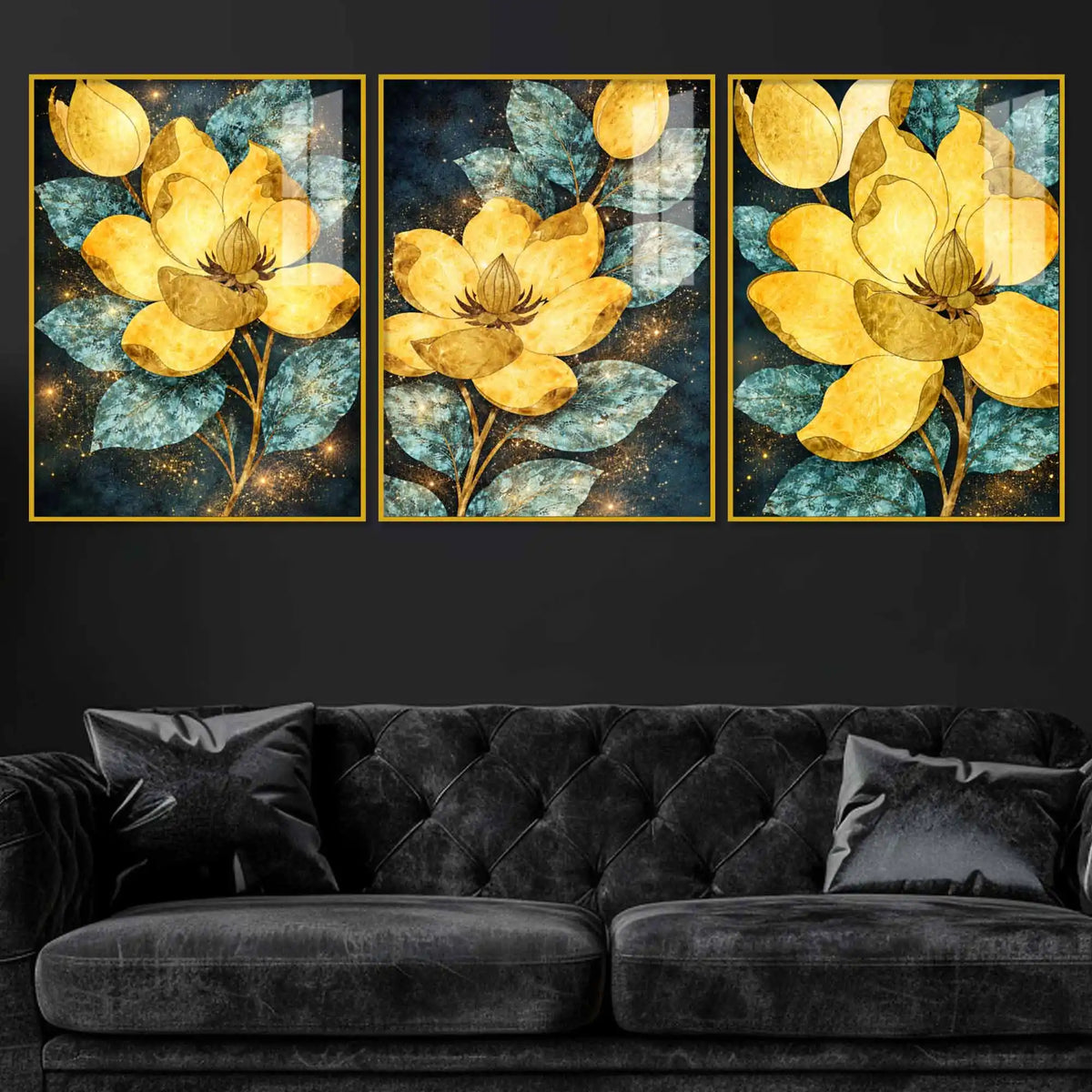 Golden Magnolia Floral Art Acrylic Floating Frame Wall Painting Set of 3
