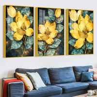 Golden Magnolia Floral Art Acrylic Floating Frame Wall Painting Set of 3