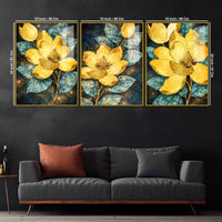 Golden Magnolia Floral Art Acrylic Floating Frame Wall Painting Set of 3