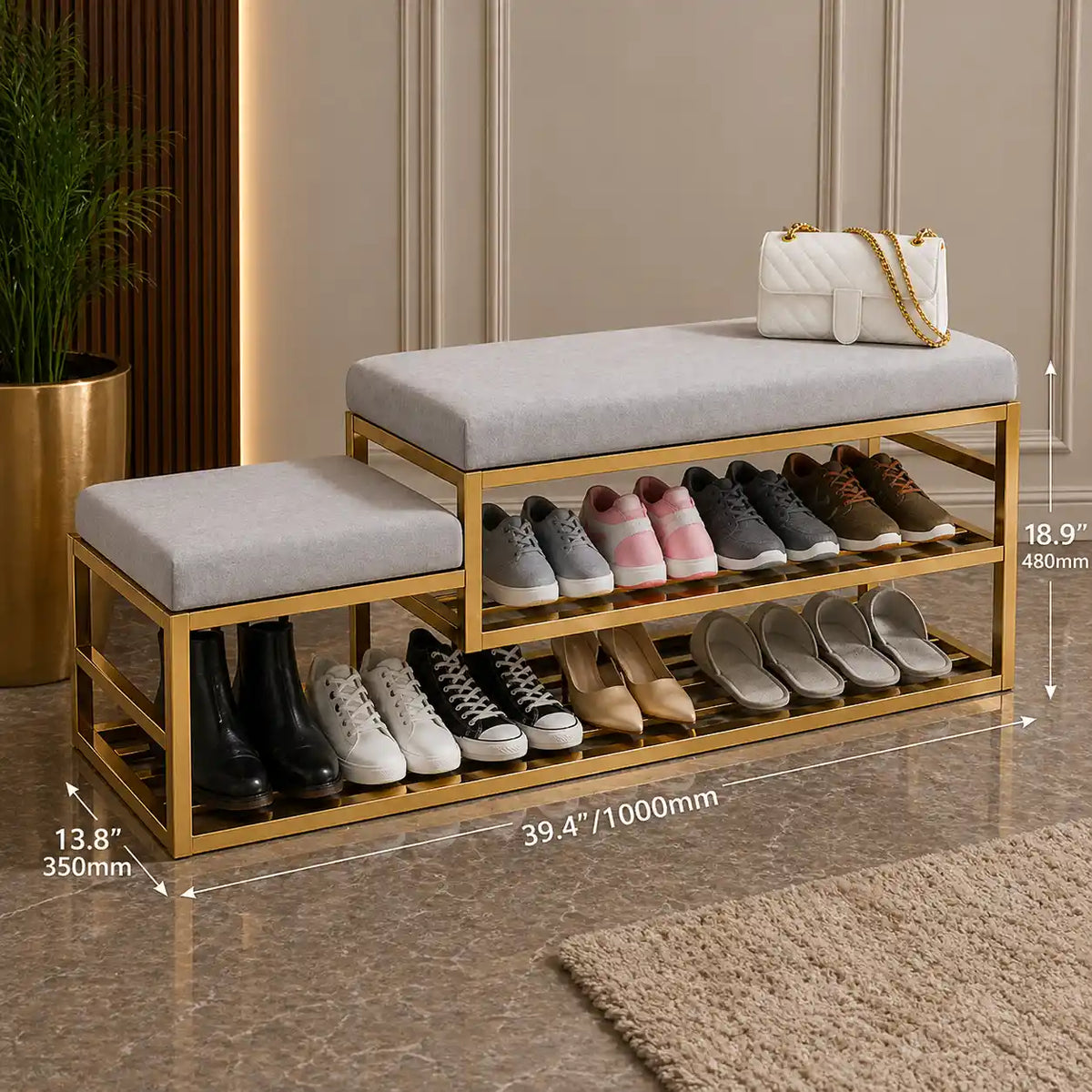 Golden Metal Shoe Rack With Modern Upholstered Gray Velvet