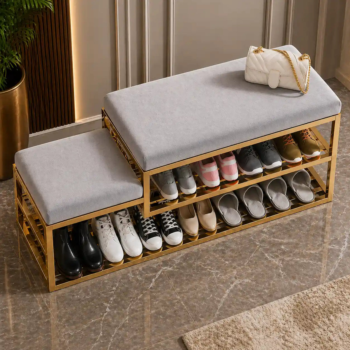 Golden Metal Shoe Rack With Modern Upholstered Gray Velvet