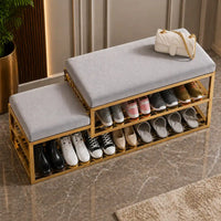 Golden Metal Shoe Rack With Modern Upholstered Gray Velvet