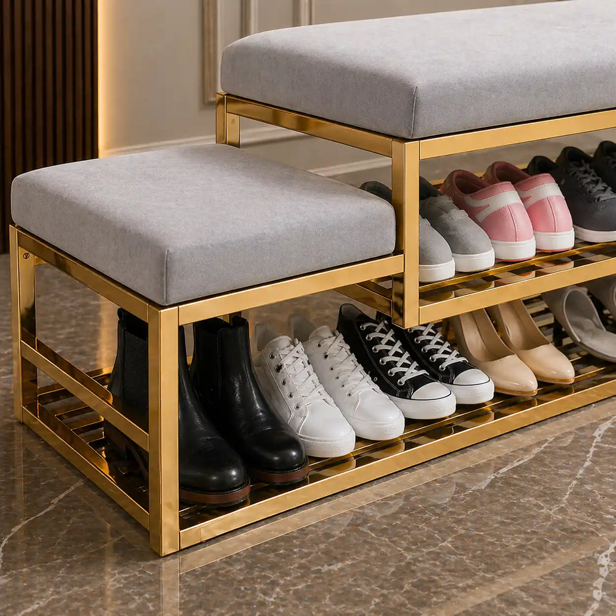 Golden Metal Shoe Rack With Modern Upholstered Gray Velvet