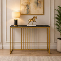Golden Metallic Rectangular Shaped Black Marble Designer Console Table