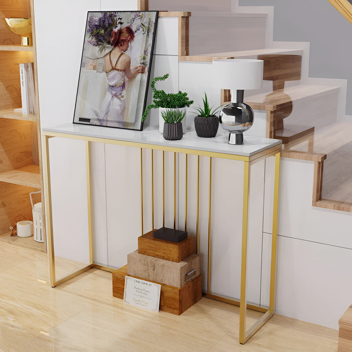 Golden Metallic Rectangular Shaped Designer Console Table