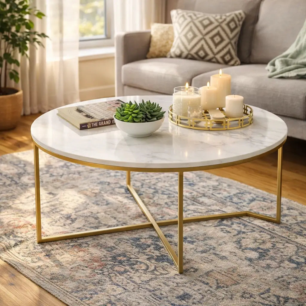 Golden Minimalist Metal Center Table in Criss Cross Design