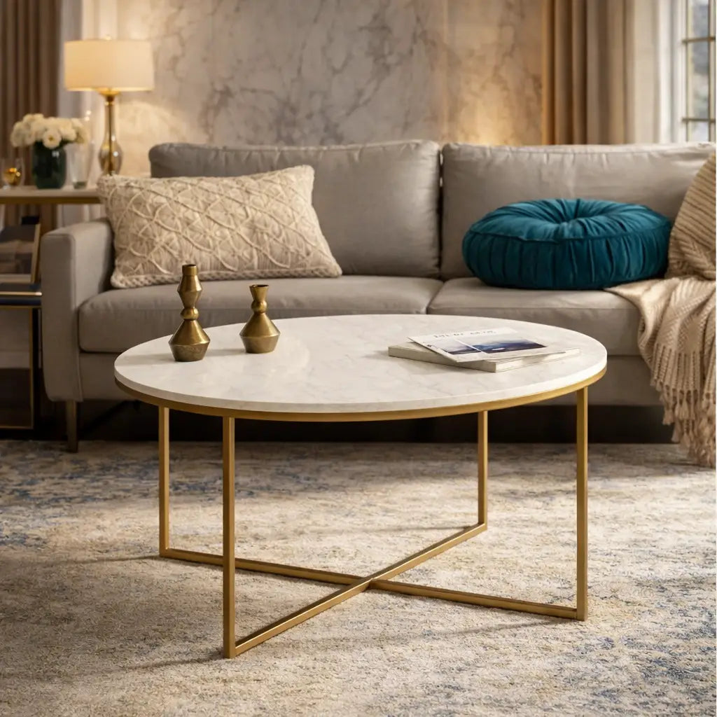 Golden Minimalist Metal Center Table in Criss Cross Design